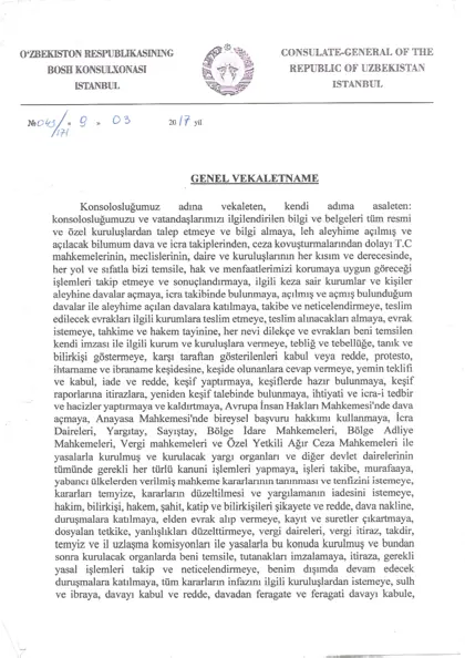 General power of attorney of the Consulate-General of Uzbekistan in Istanbul, 9 March 2017, No 043/171, first page