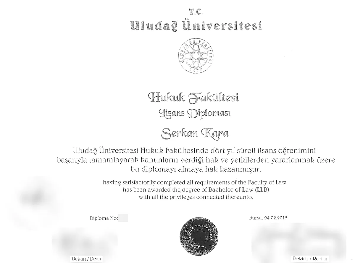 Bachelor of Law (LLB) diploma of Serkan Kara, Faculty of Law, Uludağ University, Bursa, 4 February 2015; the diploma number, the certifying stamp, the signatures and the signatories' names are blurred