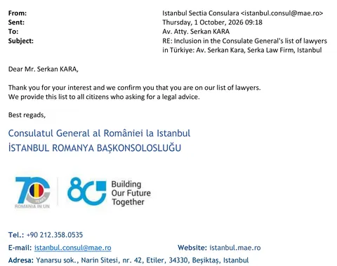 Reply of 1 October 2026 from the Consulate General of Romania in Istanbul: Serkan Kara is on its list of lawyers