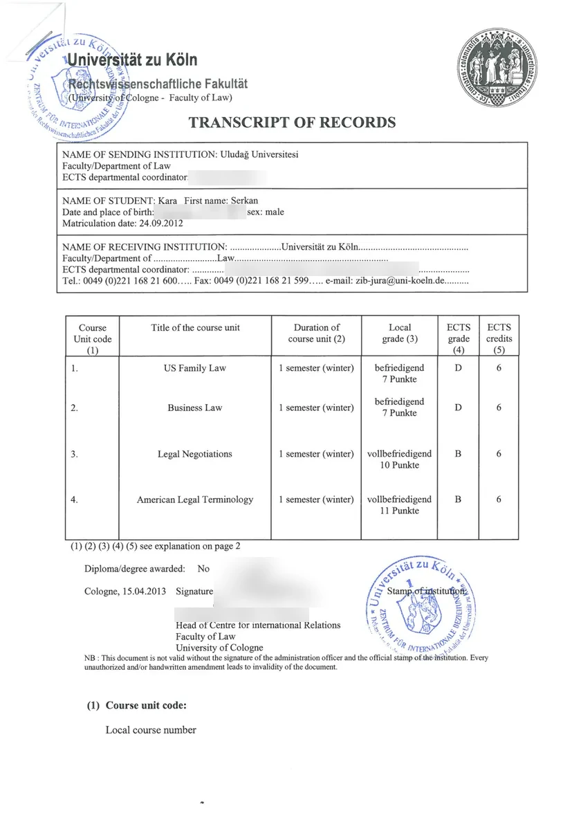 Transcript of Records, Faculty of Law, University of Cologne, page 1: four courses of the winter semester, Legal Negotiations 10 points and American Legal Terminology 11 points vollbefriedigend, ECTS grade B; the place and date of birth blurred